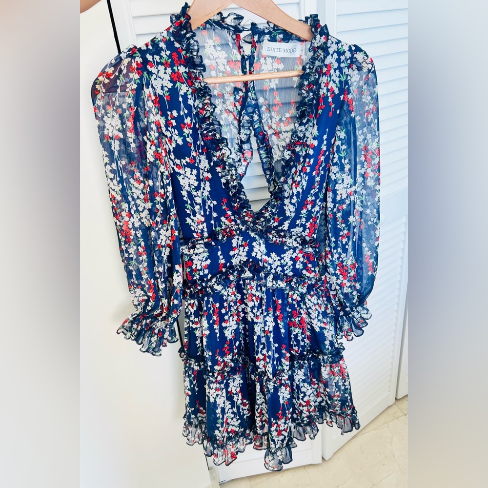Zadig & Voltaire Navy Floral Dress with Ruffle Accents